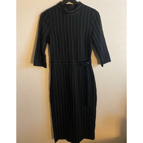 LONYUASH Elegant Black Vertical Striped Sheath Belted 3/4 Sleeves Office Dress S - Picture 2 of 16